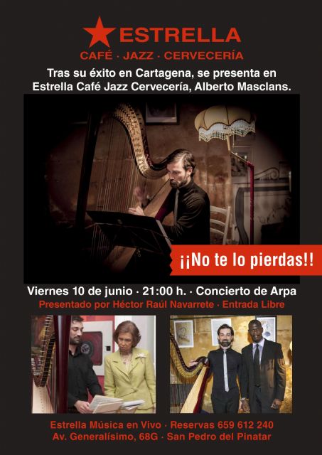 Concierto de Arpa del arpista Alberto Masclans en Estrella, Café-Jazz-Cervecería en San Pedro del Pinatar