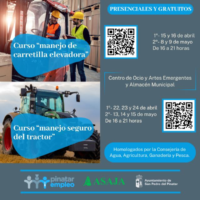 El Ayuntamiento de San Pedro del Pinatar oferta cursos de manejo de carretilla elevadora y de tractor