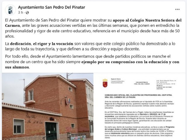 Vox denuncia el uso partidista de las redes sociales municipales por parte del Gobierno del PP en San Pedro del Pinatar