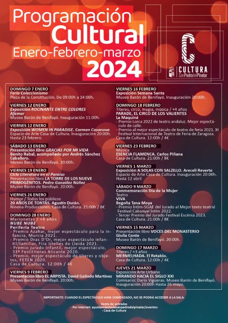 San Pedro del Pinatar abre la agenda cultural de 2024 con literatura, exposiciones, música y teatro
