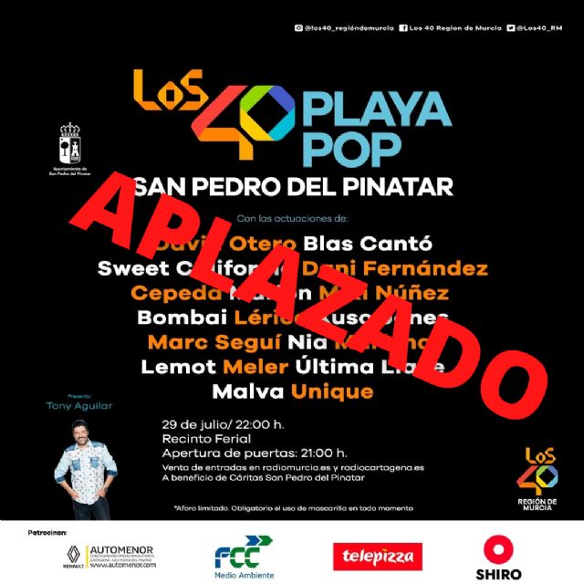 San Pedro del Pinatar aplaza el concierto de Los 40 Playa Pop ante el aumento de la incidencia del COVID19